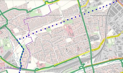 Kartenausschnitt mit eingezeichnetem Radweg LA Ost-LA West