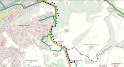 Kartenausschnitt mit eingezeichnetem Radweg am Kasernenberg