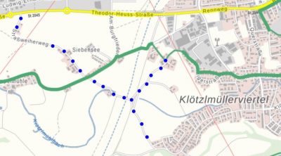 Kartenausschnitt mit eingezeichnetem Radweg am Straßweiherweg